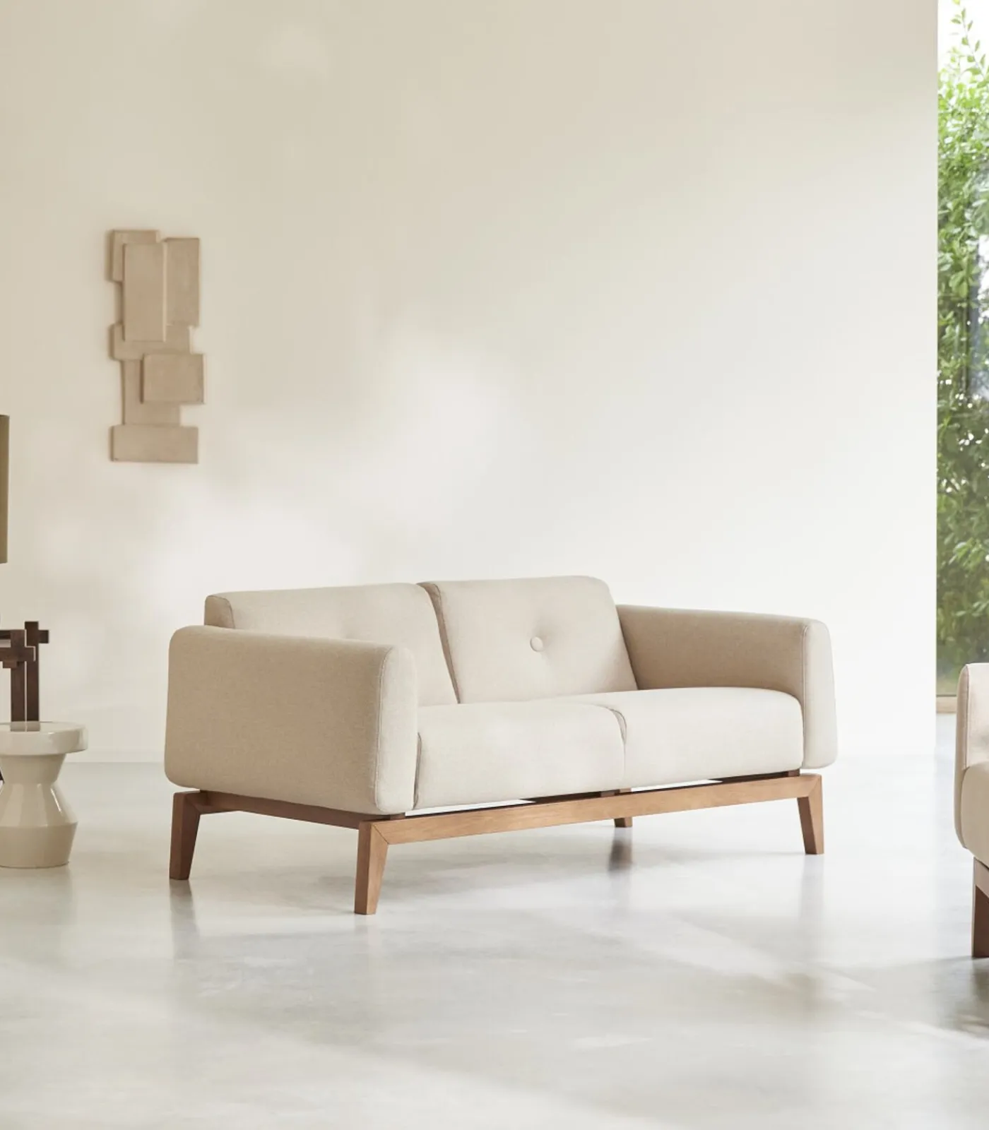 Outlet Bank in massief eiken en ecru stof, 2-zit Zetels