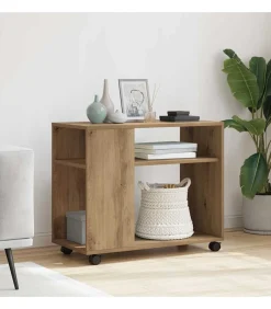 Discount Bijzettafel met wieltjes 70x35x60 cm hout artisanaal eikenkleur Tafels