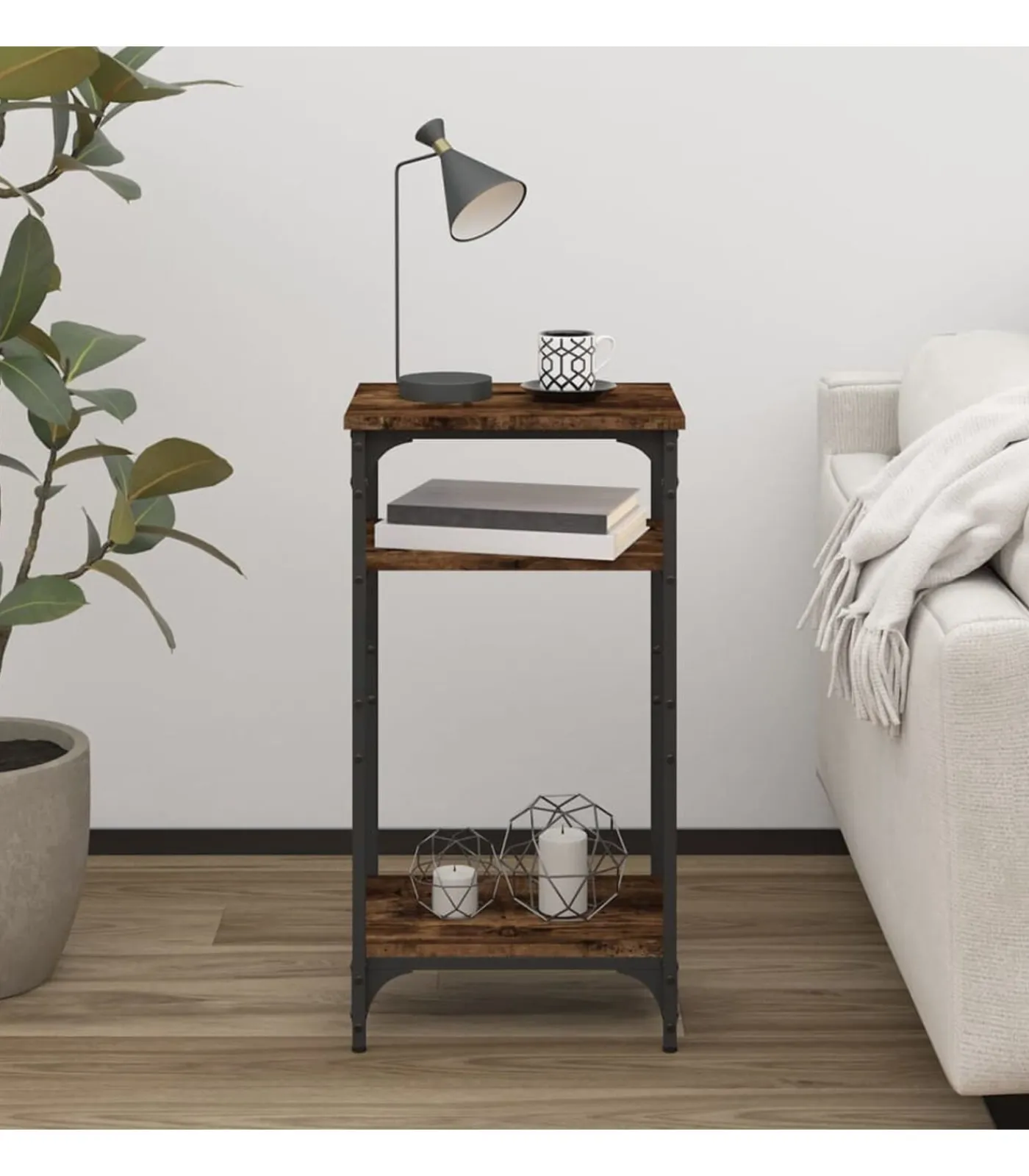 Discount Bijzettafel 40x30x75 cm bewerkt hout gerookt eikenkleurig Tafels