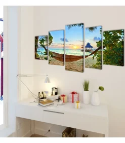 Canvas muurdruk set zandstrand met hangmat 100 x 50 cm Decoratie