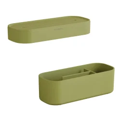 ALIFE Plankpakket. Bevat een handdoekring en een opbergdoos met een minimalistisch en functioneel ontwerp. Set opbergaccessoires voor de Alife Guide. Lichtgroen. Organiseren