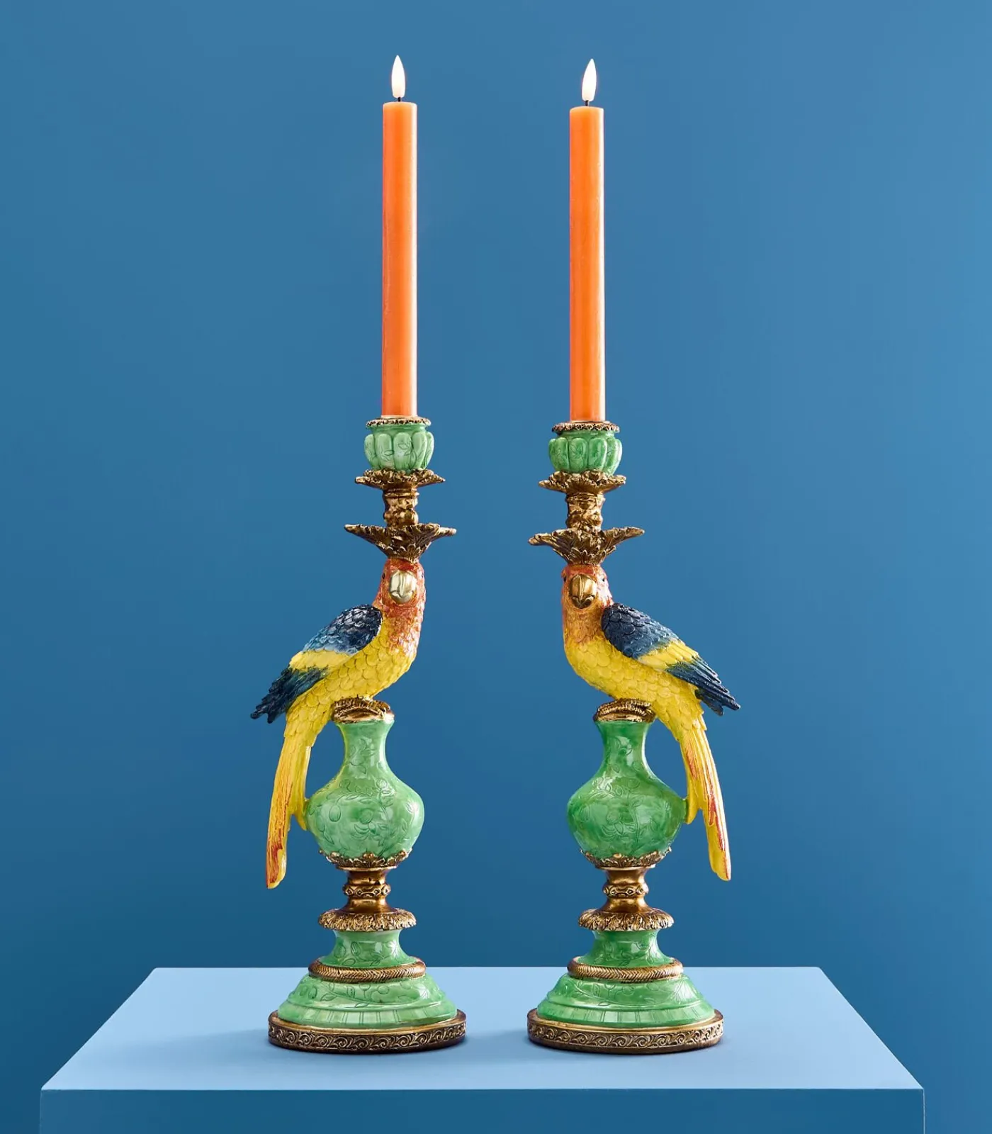 Outlet 2-delig Set Kandelaar Papegaai/groen/blauw/geel Kaarsen & Kaarshouders