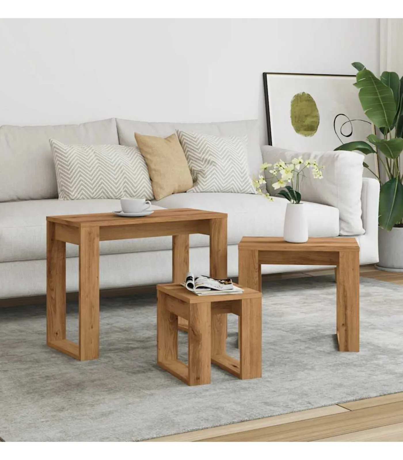 Online 3-delige Bijzettafelset bewerkt hout artisanaal eikenkleur Tafels