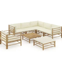 Outlet 8-delige Loungeset met crèmewitte kussens bamboe Tuinmeubelen