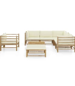 Outlet 8-delige Loungeset met crèmewitte kussens bamboe Tuinmeubelen