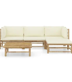Best 5-delige Loungeset met crèmewitte kussens bamboe Tuinmeubelen
