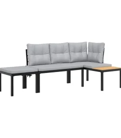 Clearance 3-delige Loungeset met kussens gepoedercoat staal zwart Tuinmeubelen