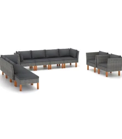 Outlet 10-delige Loungeset poly rattan en eucalyptushout grijs Tuinmeubelen