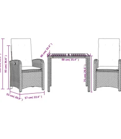 3-delige Tuinset met kussens poly rattan grijs Tuinmeubelen