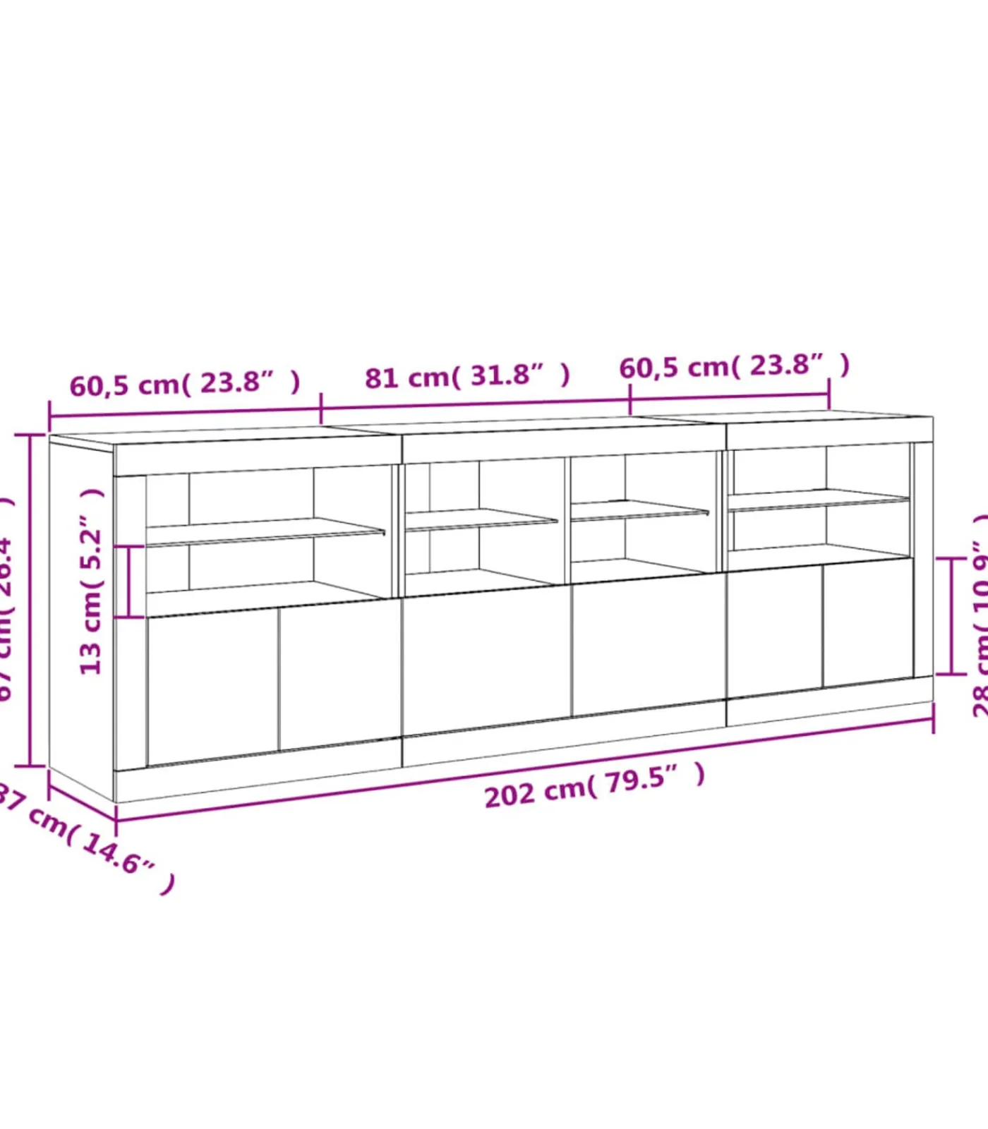 Outlet Dressoir met LED-verlichting 202x37x67 cm bruin eikenkleur Meubels
