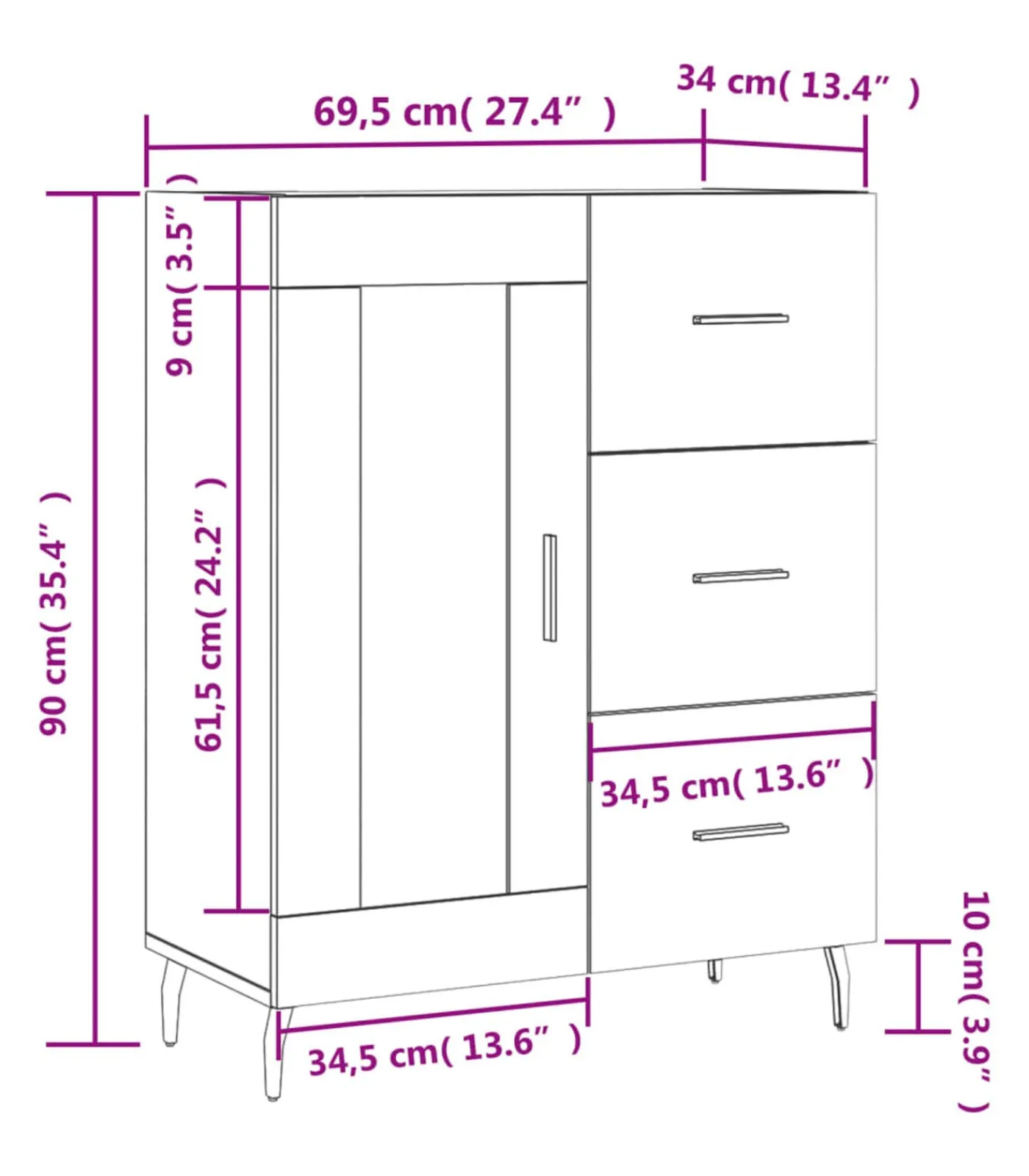 Dressoir 69,5x34x90 cm bewerkt hout betongrijs Meubels