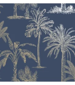 Clearance Behang Tropical Trees marineblauw en zilverkleurig Decoratie