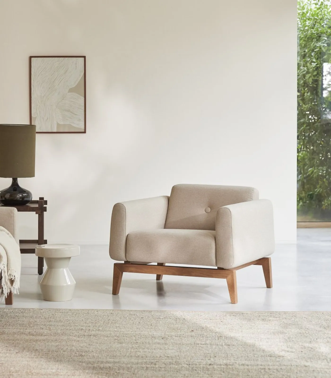 Discount Fauteuil Bjorn in massief eiken en ecru stof, 1-zit Zetels