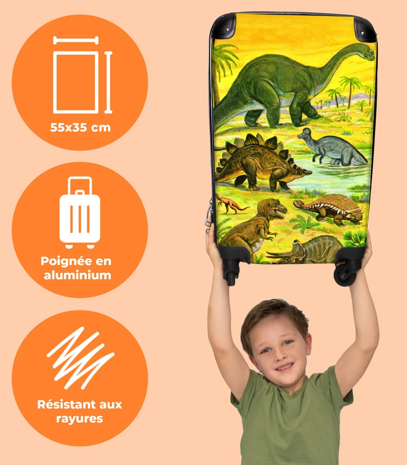 Outlet Handbagage Koffer met 4 wielen en TSA slot (Dino - Illustratie - Geel - Jongens) Trolleys
