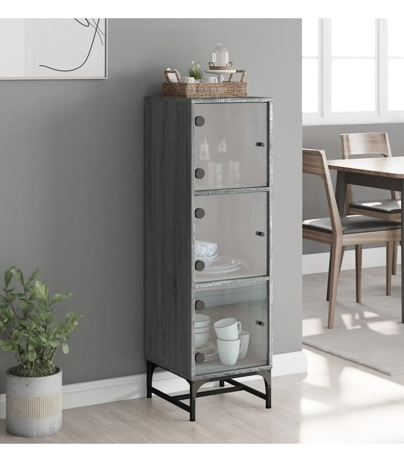 Hoge kast met glazen deuren 35x37x120 cm grijs sonoma eiken Meubels