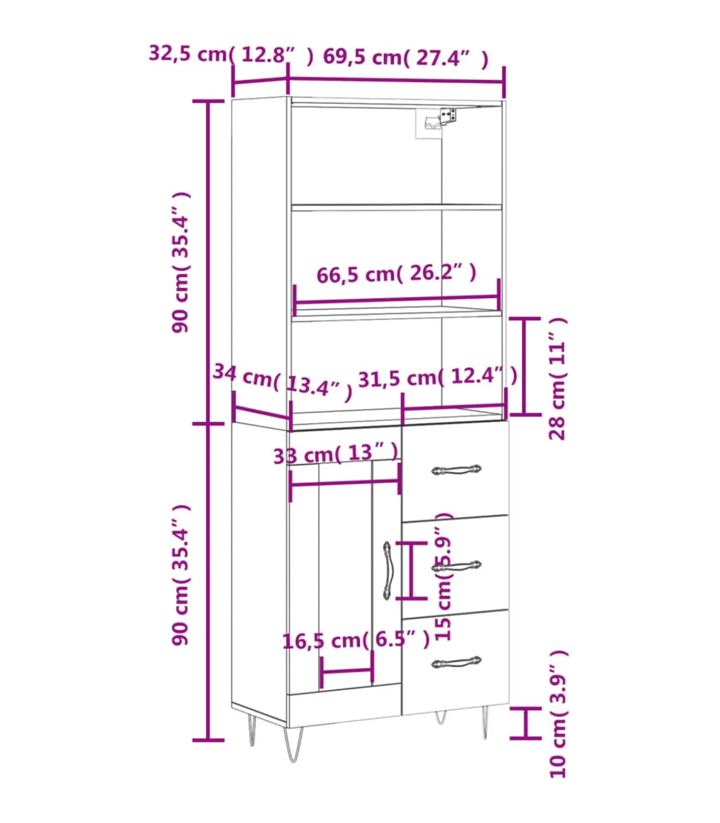 New Hoge kast 69,5x34x180 cm bewerkt hout bruin eikenkleur Meubels
