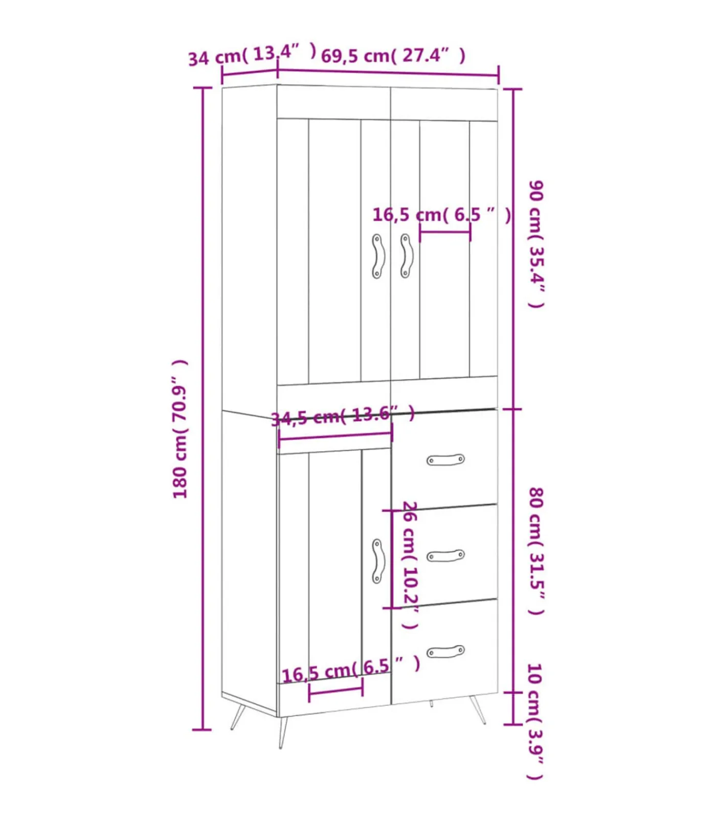 Online Hoge kast 69,5x34x180 cm bewerkt hout wit Meubels