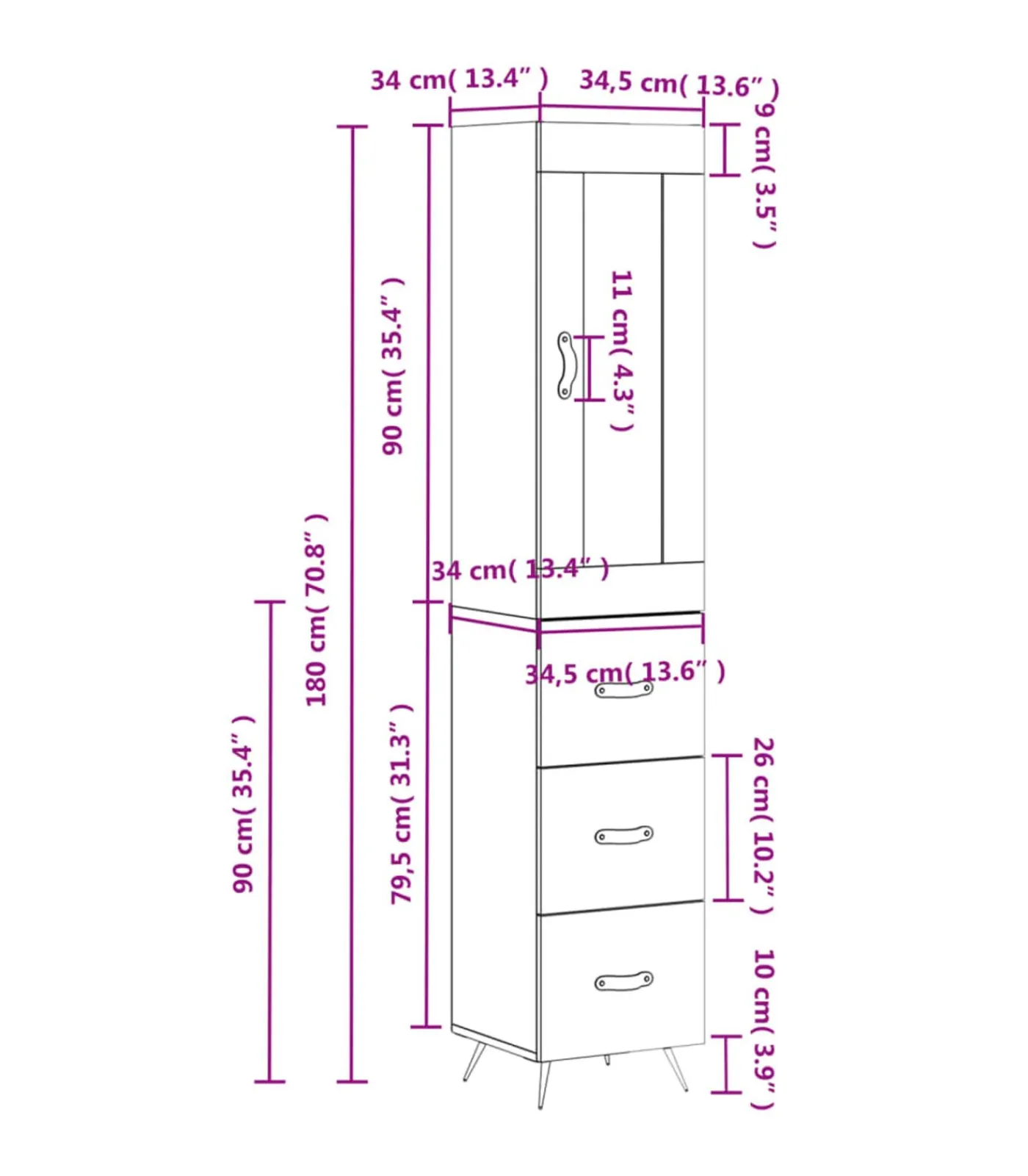 New Hoge kast 34,5x34x180 cm bewerkt hout grijs sonoma eikenkleurig Meubels