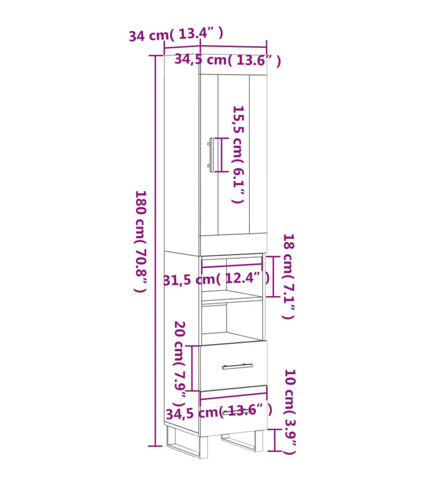 Hoge kast 34,5x34x180 cm bewerkt hout betongrijs Meubels