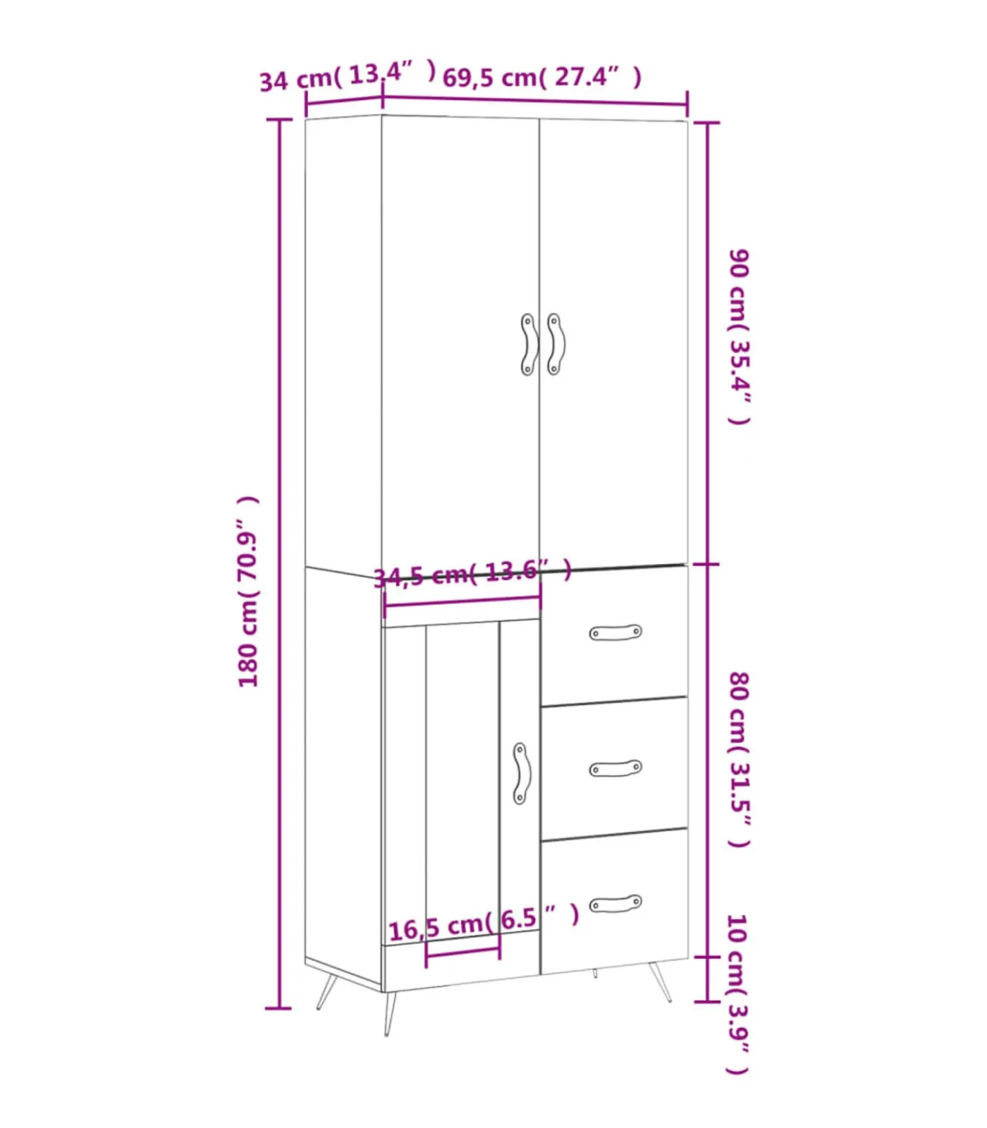 Hoge kast 69,5x34x180 cm bewerkt hout betongrijs Meubels