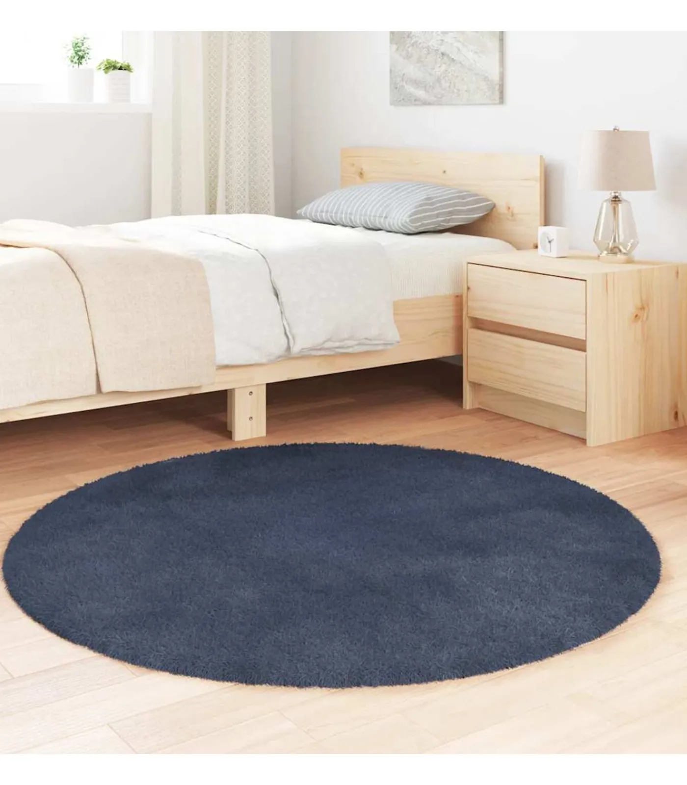 Clearance Hoogpolig vloerkleed NAVARRA 120x120 cm polyester marineblauw Tapijten