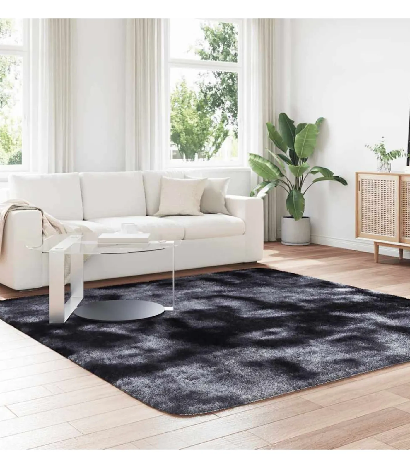 Clearance Hoogpolig vloerkleed NAVARRA 240x240 cm polyester donkergrijs Tapijten