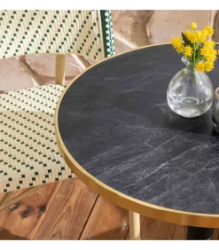 New Liggende zwartmarmeren terrastafel van 60 cm en 2 groene stoelen Tuinmeubelen