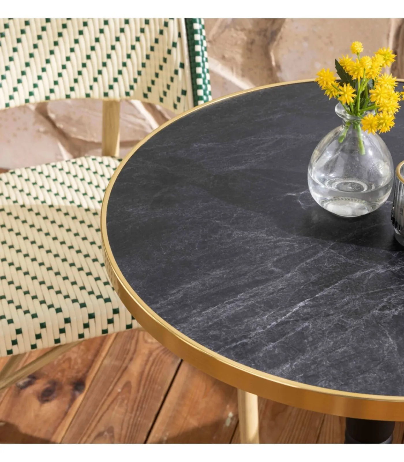 New Liggende zwartmarmeren terrastafel van 60 cm en 2 groene stoelen Tuinmeubelen