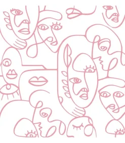 Sale Behang Friends & Coffee Line Art Faces wit en roze Decoratie
