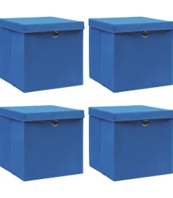 Hot Opbergboxen met deksel 4 st 32x32x32 cm stof blauw Organiseren