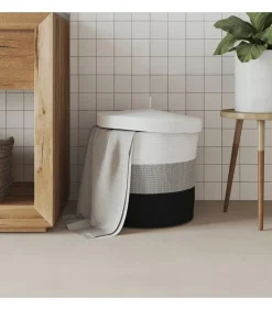 Hot Opbergmand met deksel Ø 40x35 cm katoen wit en zwart Manden En Bakken