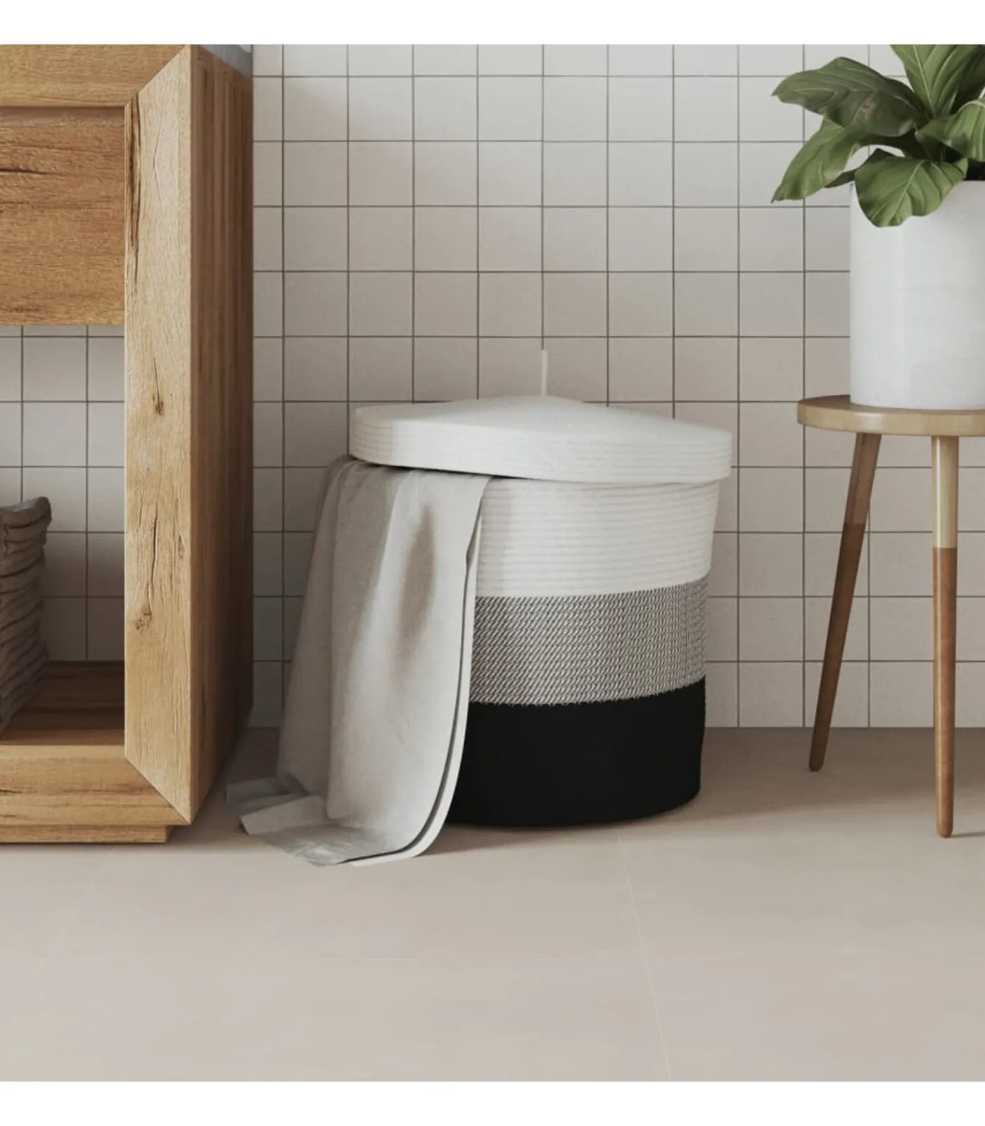 Hot Opbergmand met deksel Ø 40x35 cm katoen wit en zwart Manden En Bakken