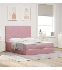 Best Ottoman bed met matrassen en LED's 140x200cm fluweel roze Bedden