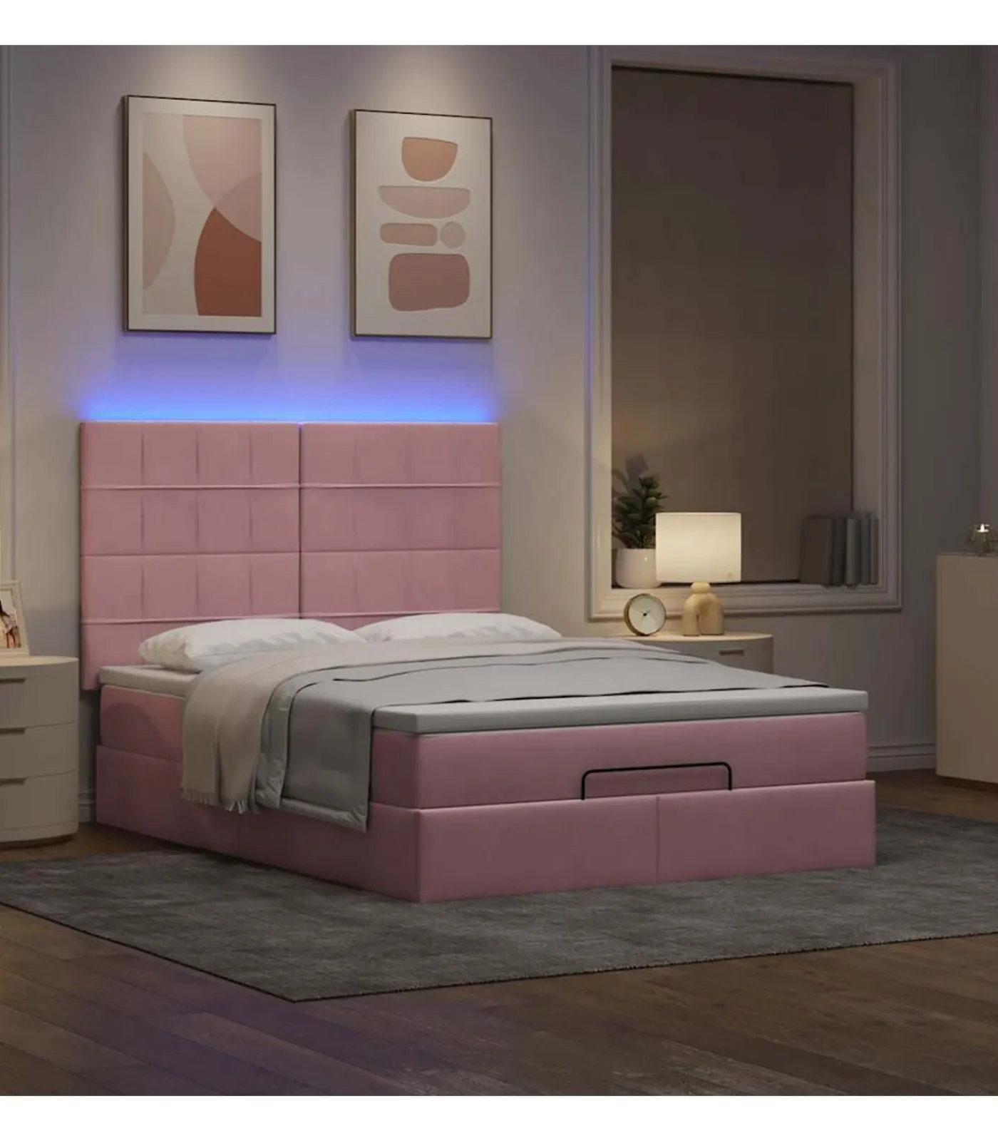 Discount Ottoman bed met matrassen en LED's 140x200cm fluweel roze Bedden