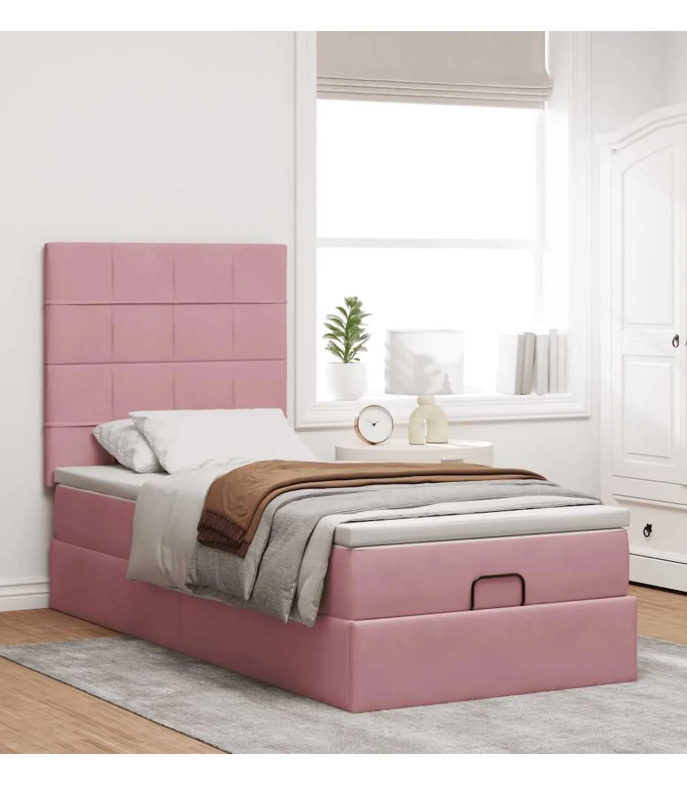 Online Ottoman bed met matrassen 100x200cm fluweel roze Bedden