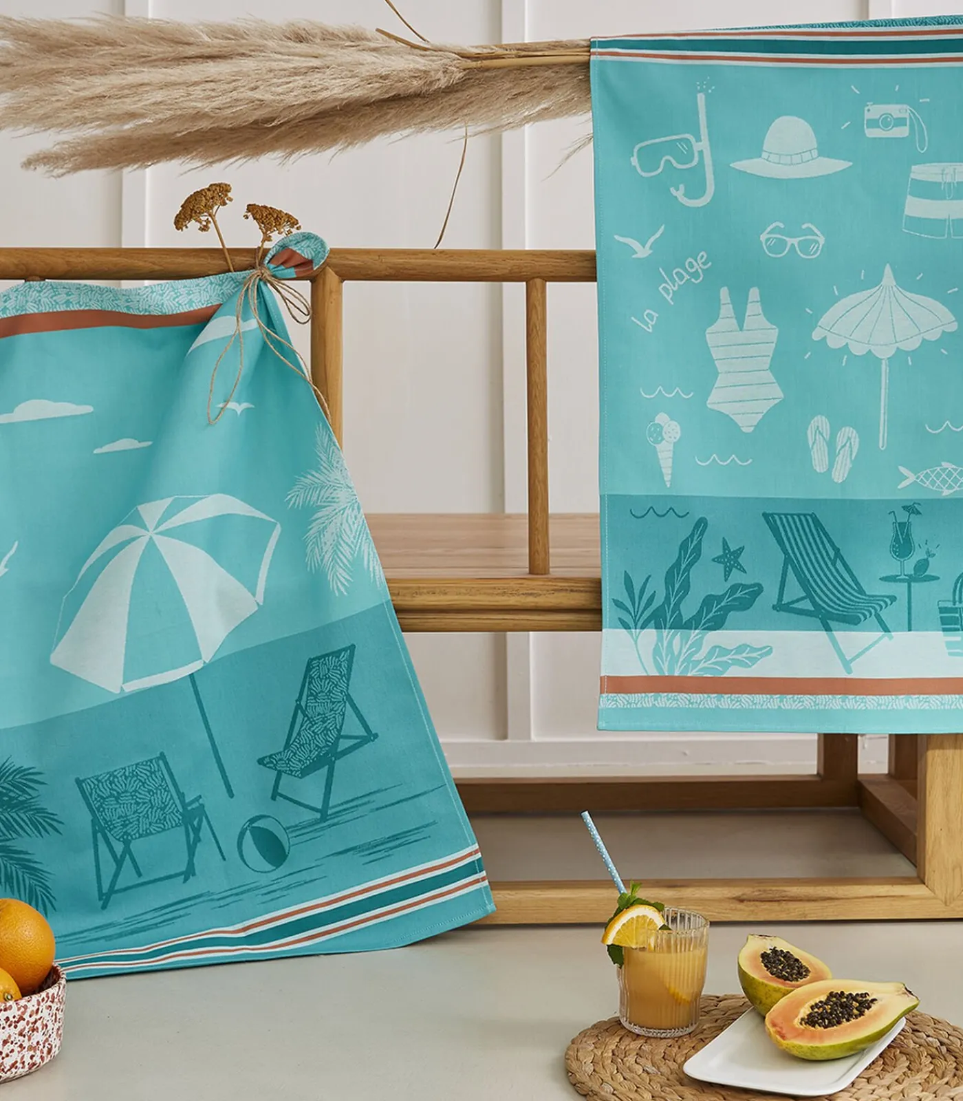 Hot Plage farniente - Set van 2 theedoeken van puur katoenen jacquard Keuken- & Tafellinnen