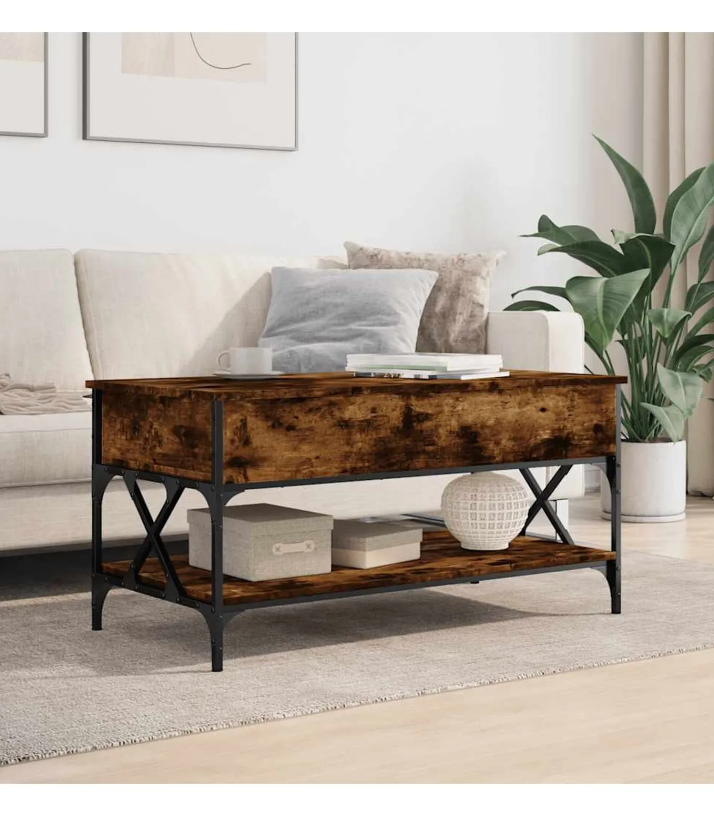 Hot Salontafel 100x50x50 cm bewerkt hout en metaal gerookt eiken Tafels