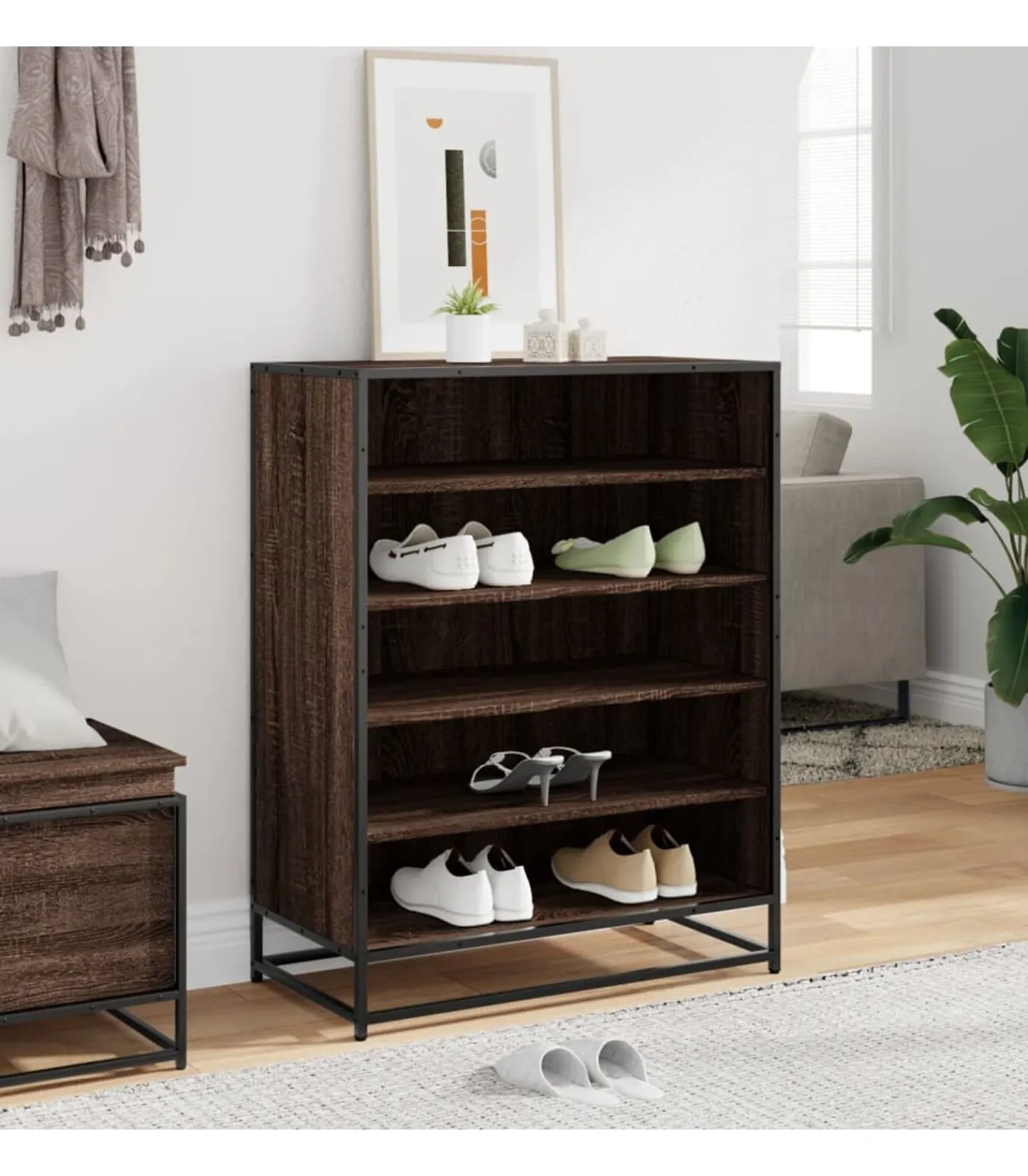 Sale Schoenenkast 75x38x97,5 cm bewerkt hout en metaal bruin eiken Organiseren