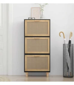 Outlet Schoenenkast 52x25x115 cm bewerkt hout en rattan zwart Organiseren