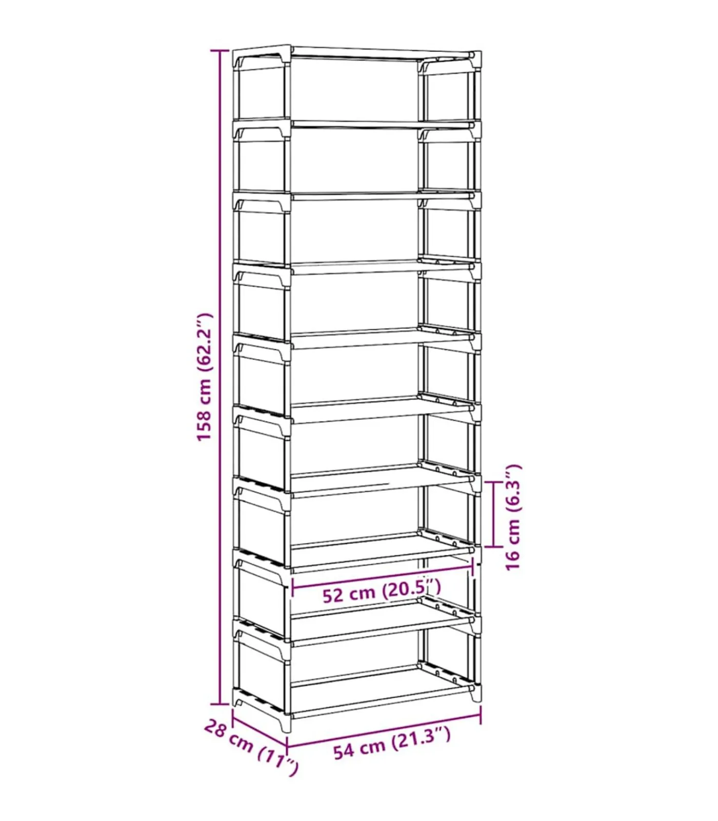 Best Schoenenrek 10-laags 54x28x158 cm nonwoven stof grijs Organiseren