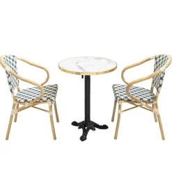 Hot Set van wit marmeren terrastafel en 2 blauwe stoelen Tuinmeubelen