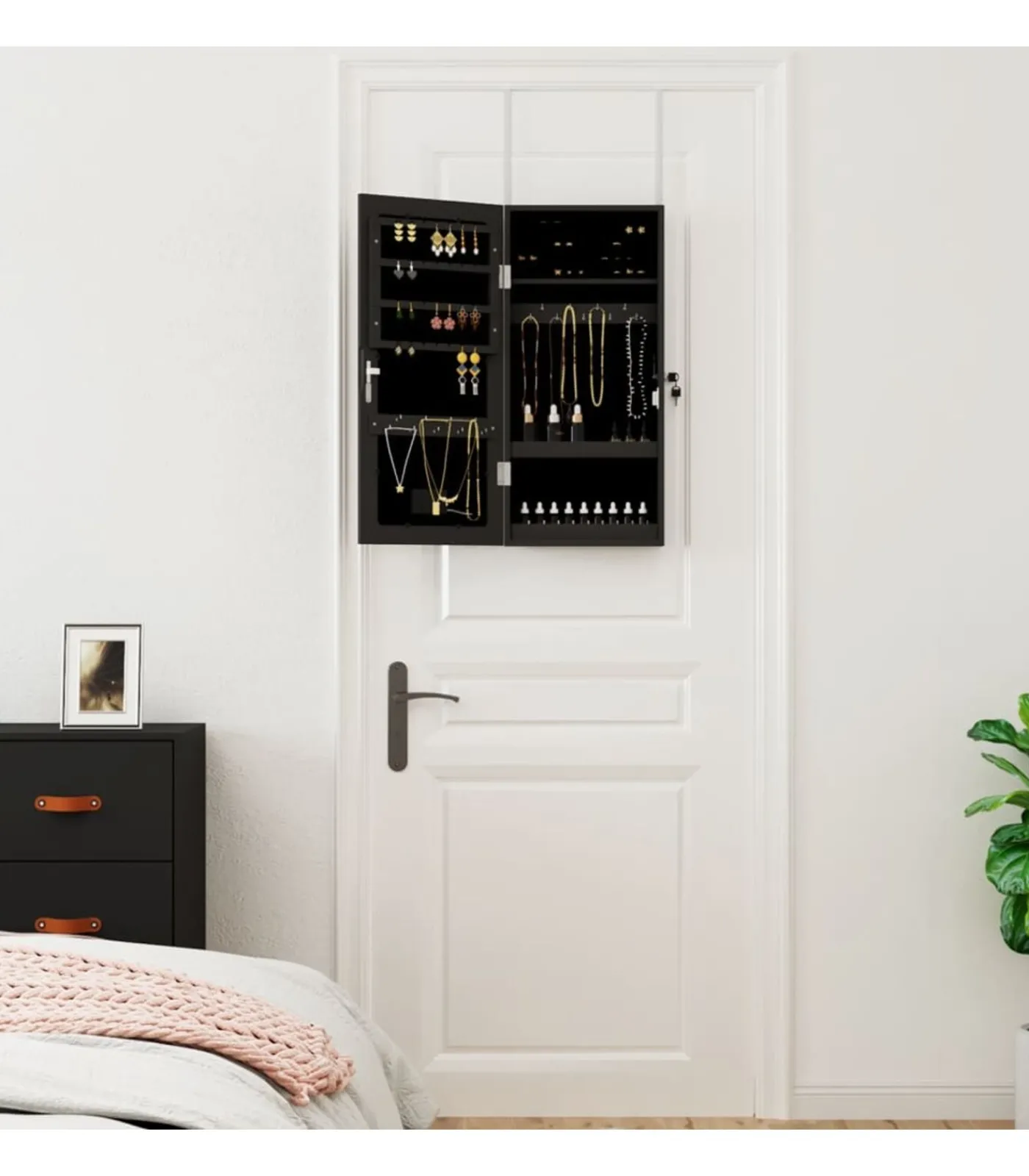 New Sieradenkast met spiegel en LED wandgemonteerd zwart Spiegels