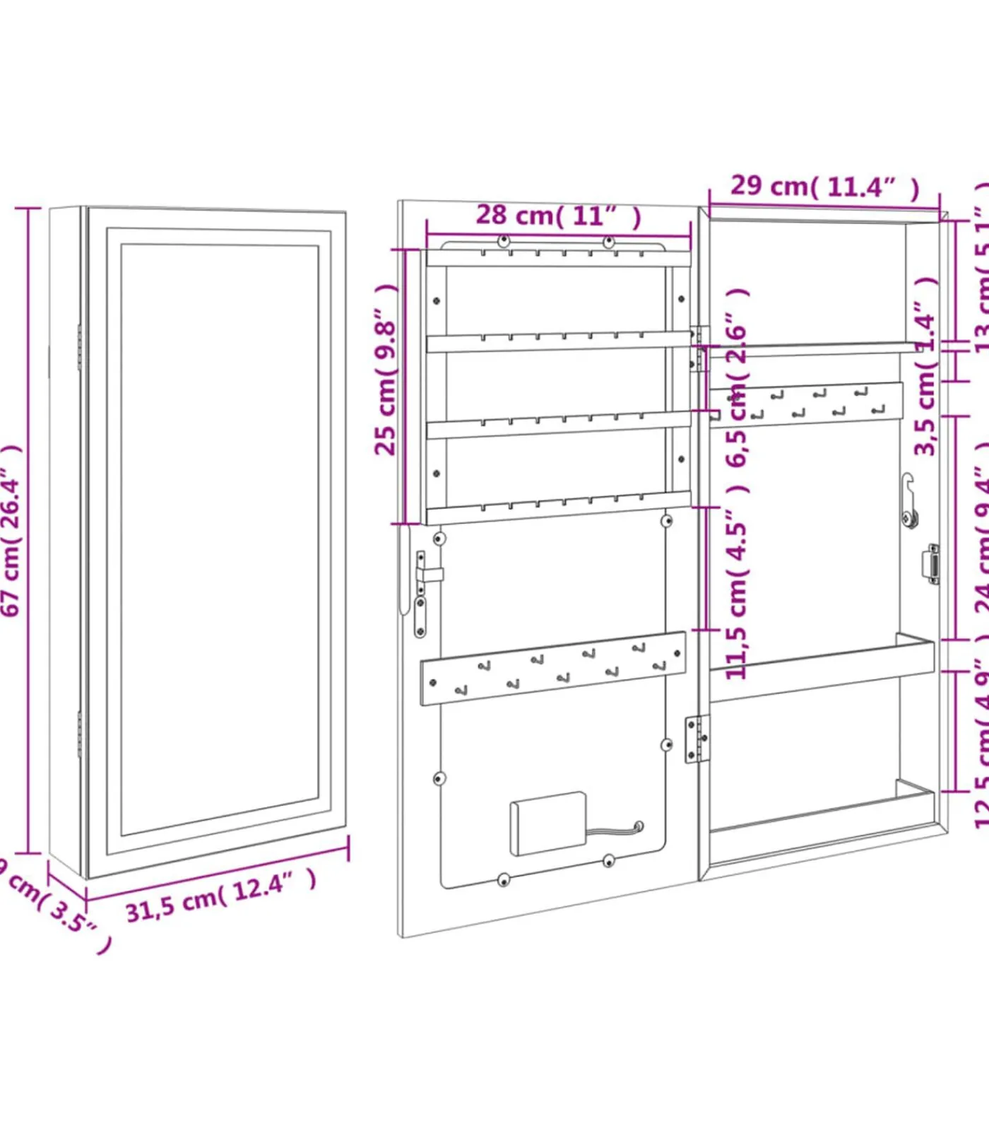 New Sieradenkast met spiegel en LED wandgemonteerd zwart Spiegels