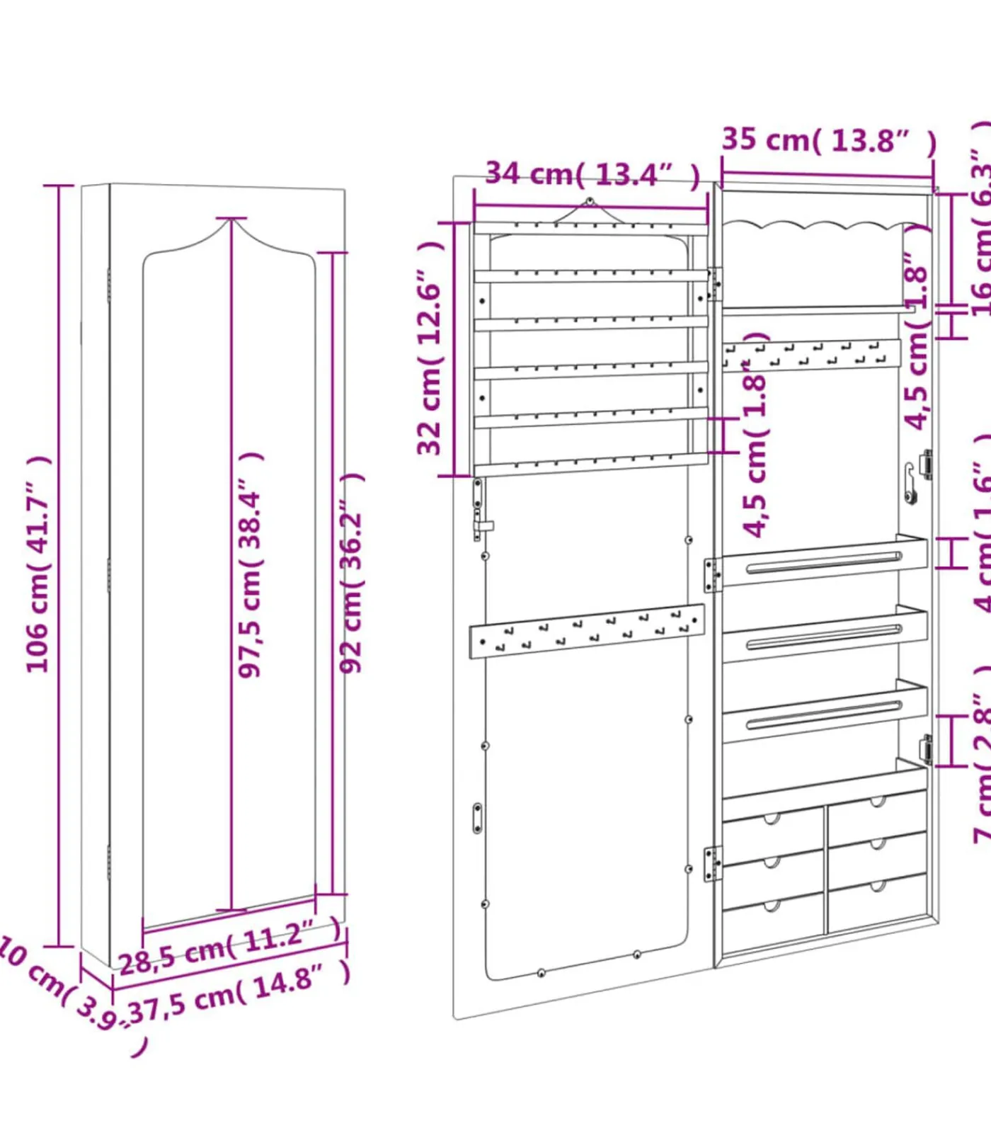 Online Sieradenkast met spiegel wandgemonteerd 37,5x10x106 cm Spiegels