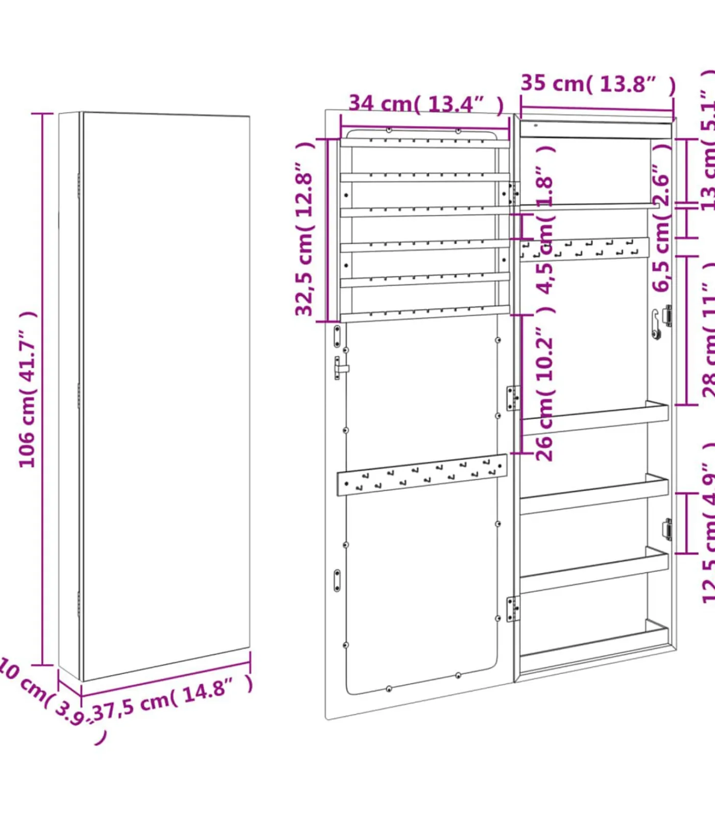 Outlet Sieradenkast met spiegel en LED wandgemonteerd Spiegels