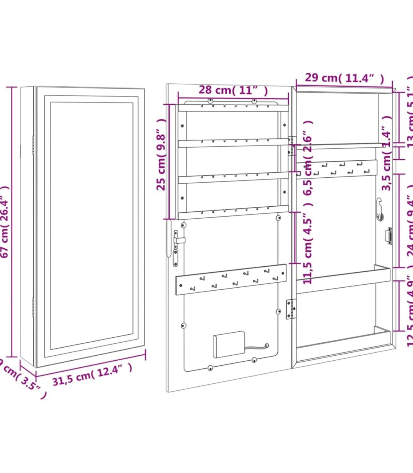 Best Sieradenkast met spiegel en LED wandgemonteerd wit Spiegels