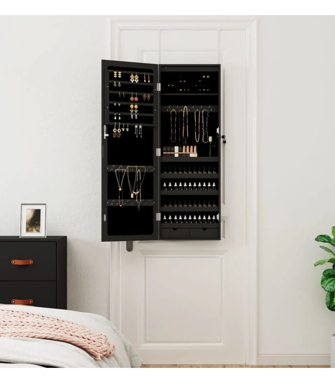 Hot Sieradenkast met spiegel en LED wandgemonteerd zwart Spiegels