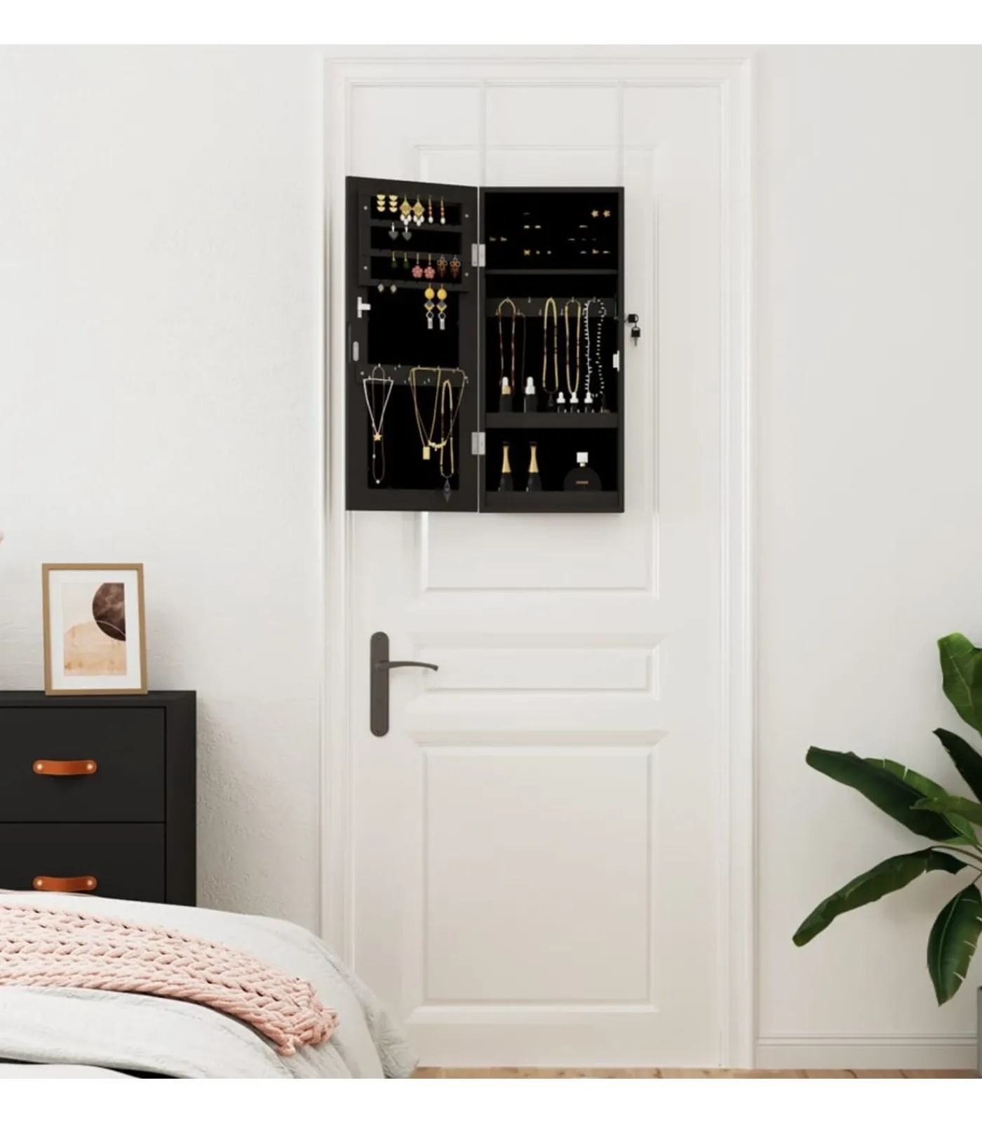 New Sieradenkast met spiegel wandgemonteerd 30x8,5x67 cm zwart Spiegels