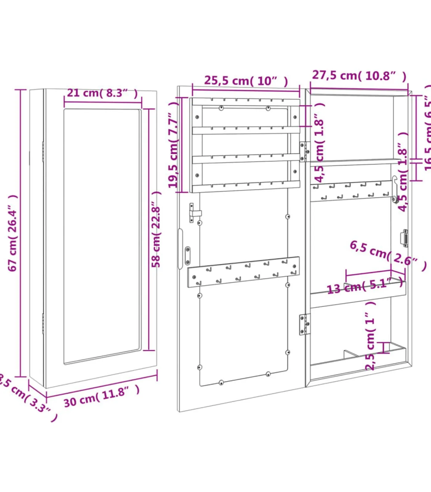 New Sieradenkast met spiegel wandgemonteerd 30x8,5x67 cm zwart Spiegels