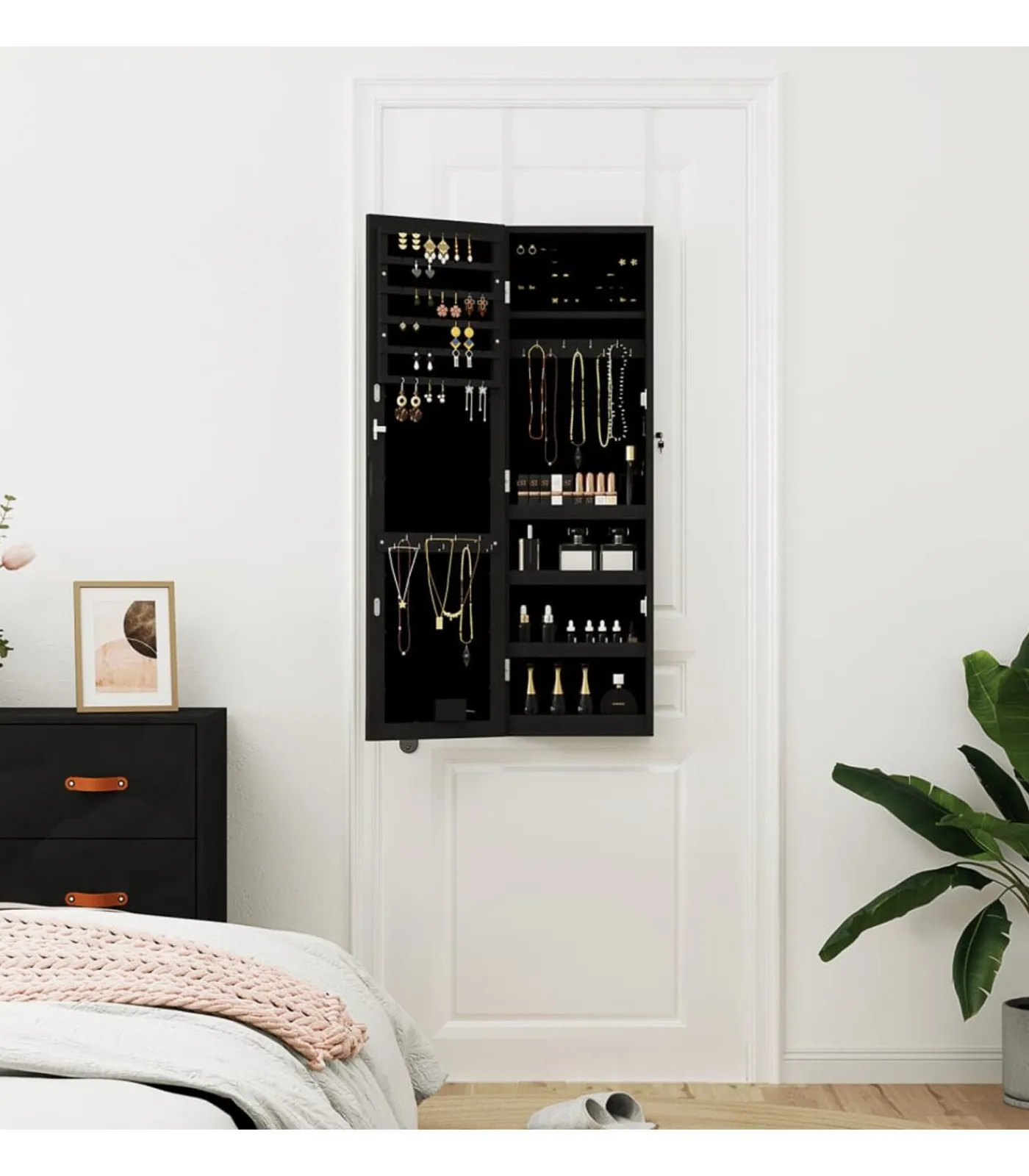 Sieradenkast met spiegel en LED wandgemonteerd zwart Spiegels